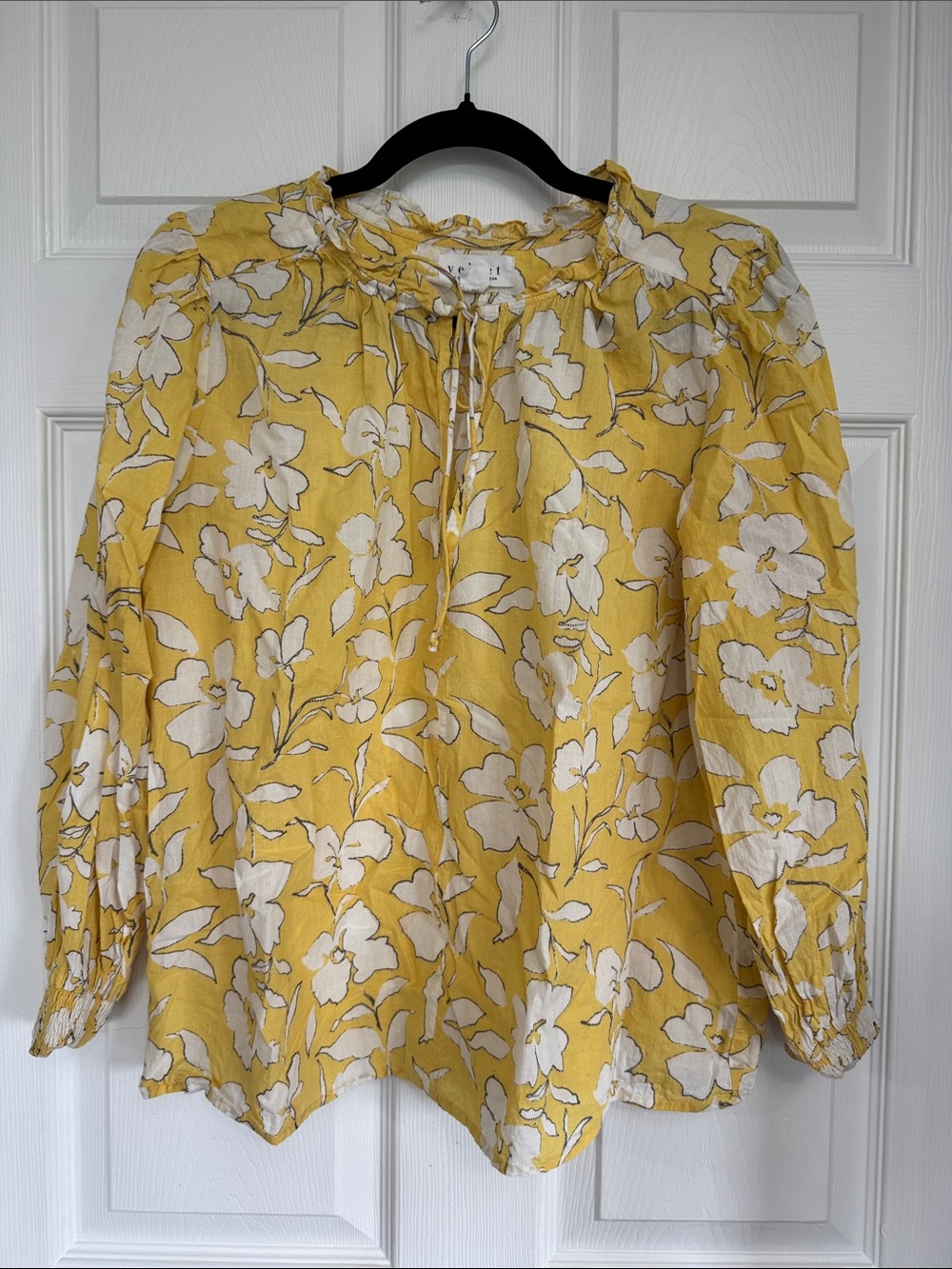 Women's Yellow Floral Tie-Neck Blouse